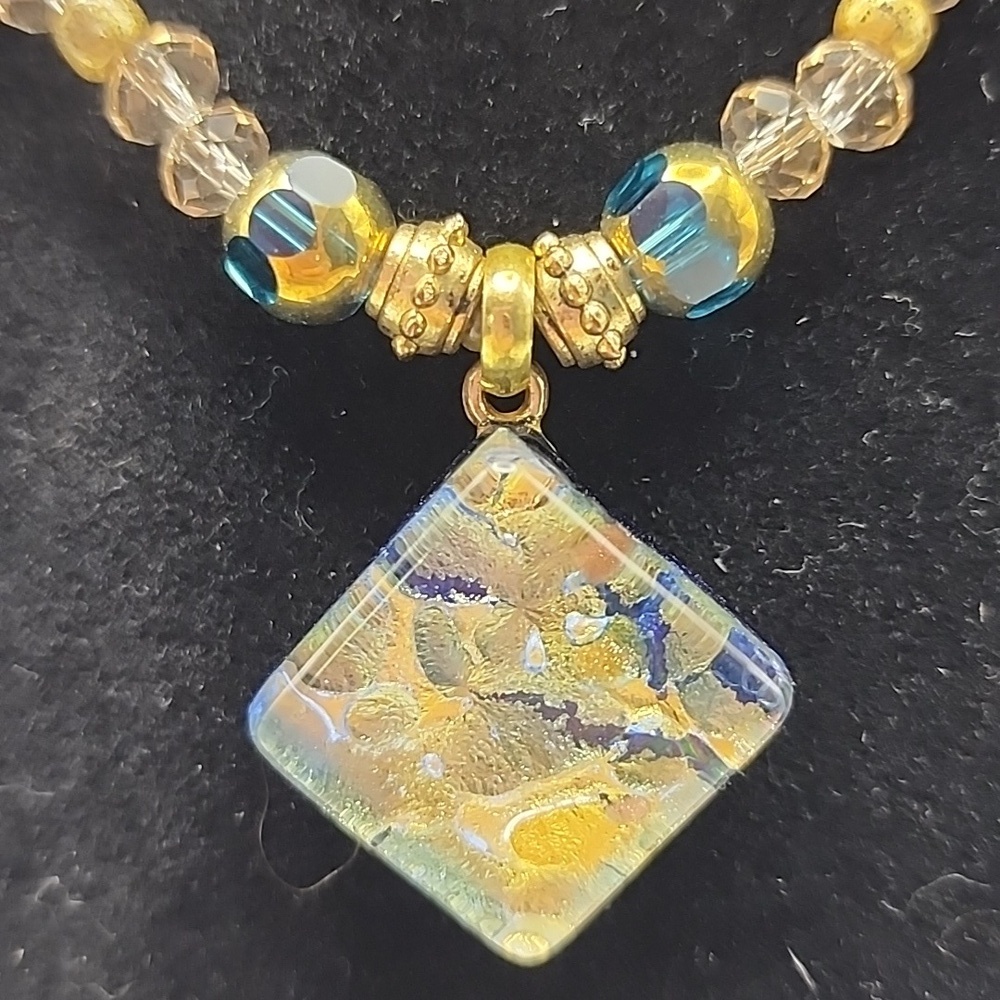 Elegant Gold and Blue Beaded Necklace - Murano Glass